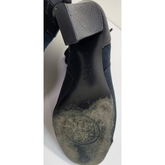 Tory Burch Heels Gracie Bootie Women's Navy Suede & Leather Shoe Size 9. - Picture 11 of 13